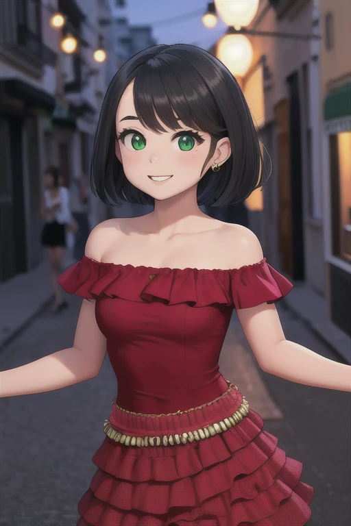 1 girl, Teenage, Black hair, Short black hair, Medium Hair, Bob Hair, Green eyes, off shoulder dress, red Flamenco Dress, Flamenco dancer, sleeveless, red long skirt, Smile, the city street, Sexy, nighttime, masterpiece, High quality, better lighting.