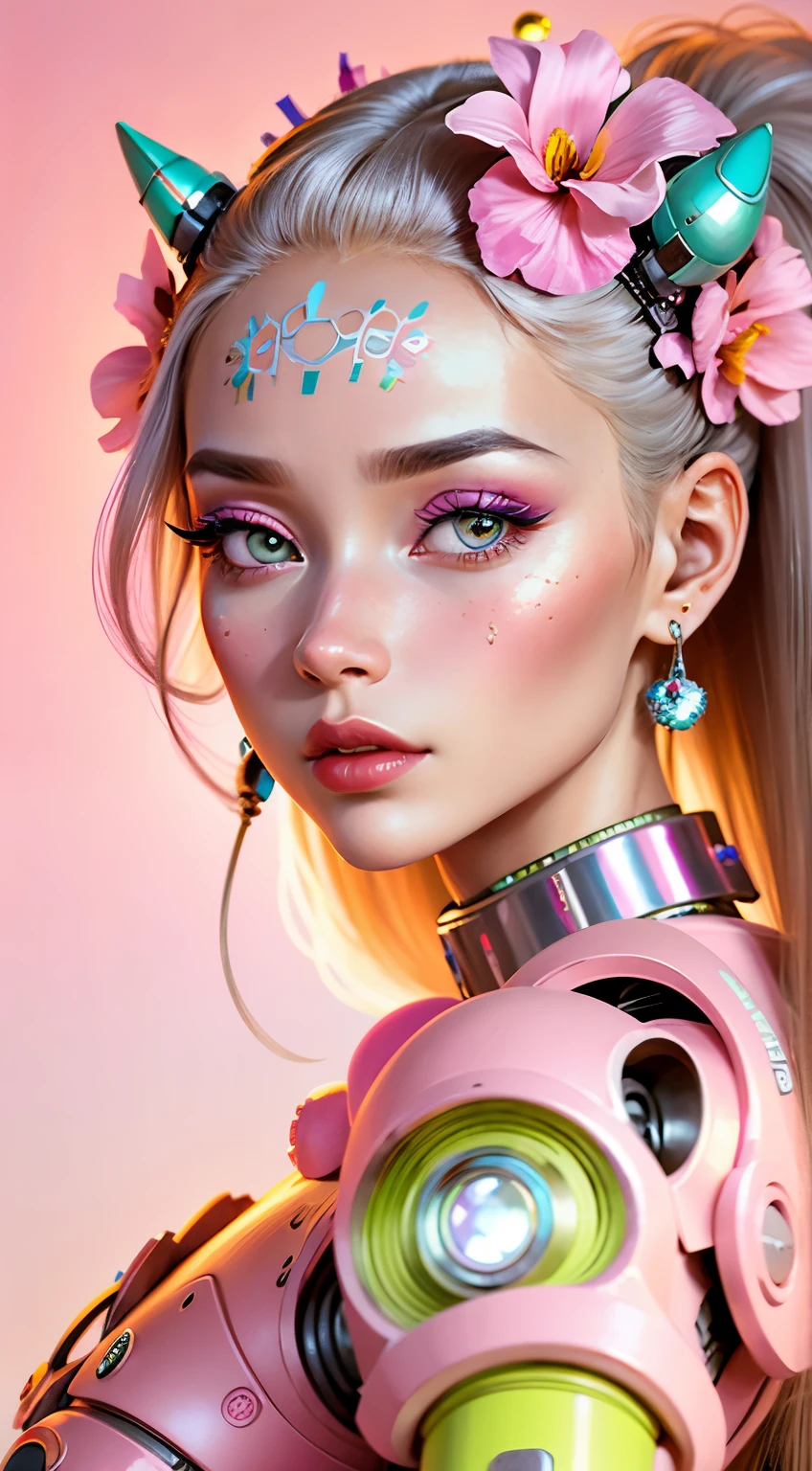 A beautiful female android robot thinking, herb ritts style, 50s style, colored, perfect light-pink iris, identical size and shape eyes and pupils, antennae earrings,