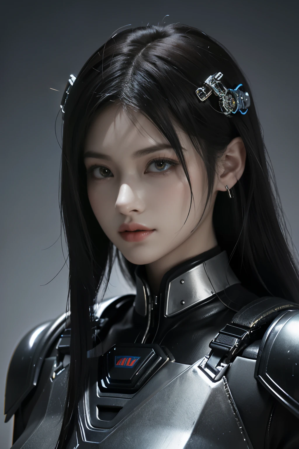 Game art，The best picture quality，Highest resolution，8K，((A bust photograph))，((Portrait))，(Rule of thirds)，Unreal Engine 5 rendering works， (The Girl of the Future)，(Female Warrior)， 22岁少女，(Female hackers)，(Mauve gradation of hair，Long hair casual)，(A beautiful eye full of detail)，(Big breasts)，(Eye shadow)，优雅迷人，微笑，(皱眉)，(Battle wear full of futuristic tech，Clothing combines futuristic power armor and police uniforms，The garments are adorned with glittering patterns and badges)，赛博朋克人物，未来风格， 拍照姿势，城市背景，Movie lights，Ray tracing，Game CG，((3D Unreal Engine))，oc渲染反射纹