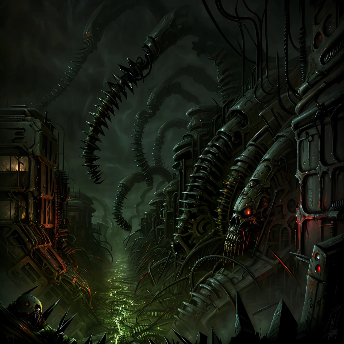 Masterpiece painting, Biomechanical ooze invading the cities, horror art, a vast landscape of destruction, with many diabolical vibes, darkness illustration., illustration, painting, wildlife photography. 