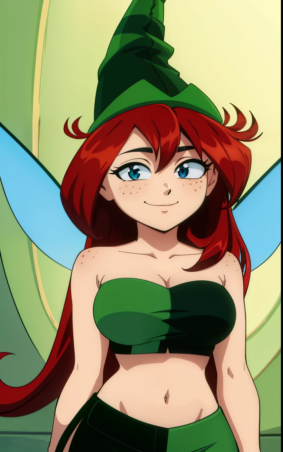  upper body,  looking at viewer, (insanely detailed, beautiful detailed face,beautiful detailed eyes, masterpiece, best quality), freckles, betilla,shortstackbt, fairy, long hair, short female,green tube top, curvy, ,smile, midriff, green hat, wings, evangelion anime style, anime screencap, 1990s_\(style\)
