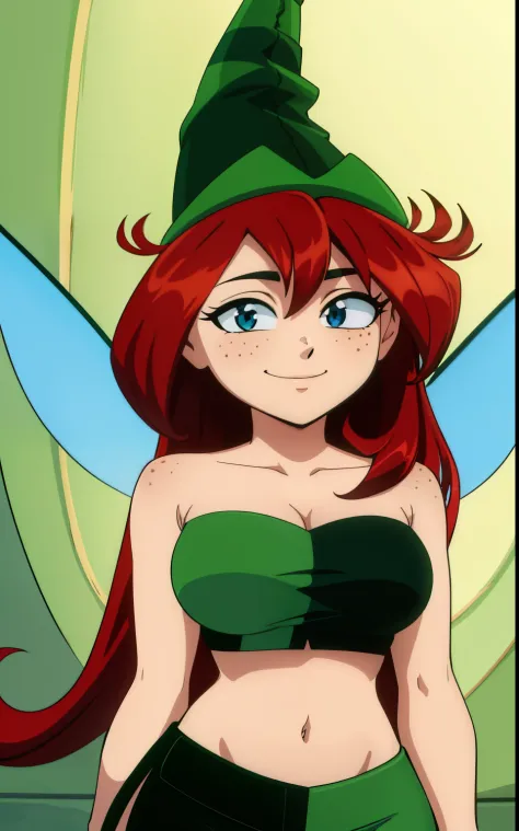  upper body,  looking at viewer, (insanely detailed, beautiful detailed face,beautiful detailed eyes, masterpiece, best quality), freckles, betilla,shortstackbt, fairy, long hair, short female,green tube top, curvy, ,smile, midriff, green hat, wings, evang...