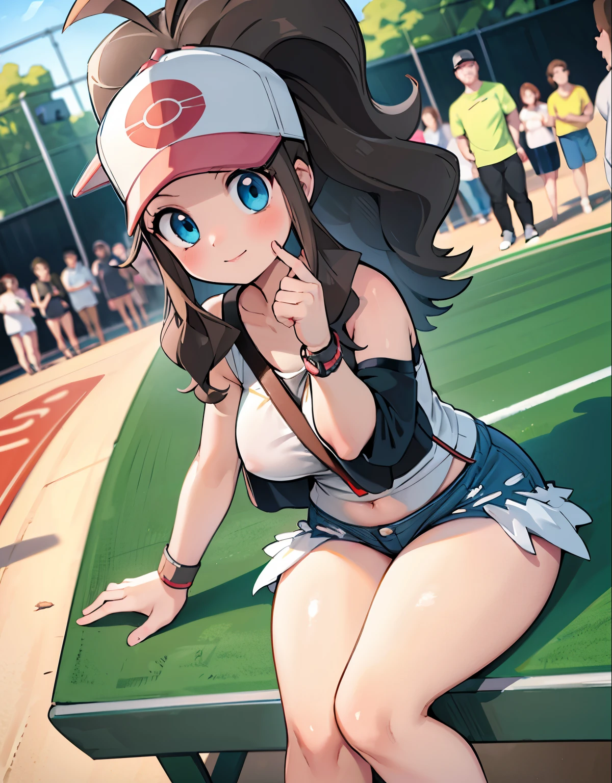 (best quality, highres, masterpiece:1.2), ultra-detailed, realistic:1.37, sketches, hilda pokemon, def1, curvy girl, legs together, curvy, visible thighs, chubby thighs, thighs in the foreground, body shape, sitting in a bench, into a stadium, watched by a crowd of men, they observe her body, vibrant colors, nervous look, fearful, afraid, timorous smile, looking_at_viewer, bis ass, wide hips, fullbody, high angle shot, high angle, she tries to hide her thighs with her hands