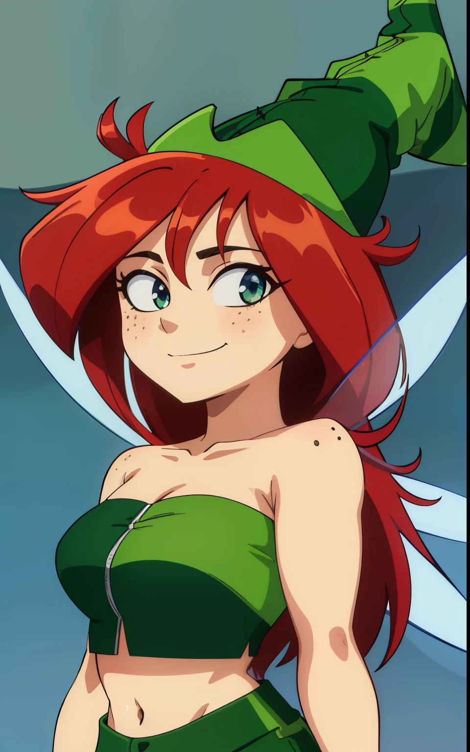  upper body,  looking at viewer, (insanely detailed, beautiful detailed face,beautiful detailed eyes, masterpiece, best quality), freckles, betilla,shortstackbt, fairy, long hair, short female,green tube top, curvy, ,smile, midriff, green hat, wings, evangelion anime style, anime screencap, 1990s_\(style\)
