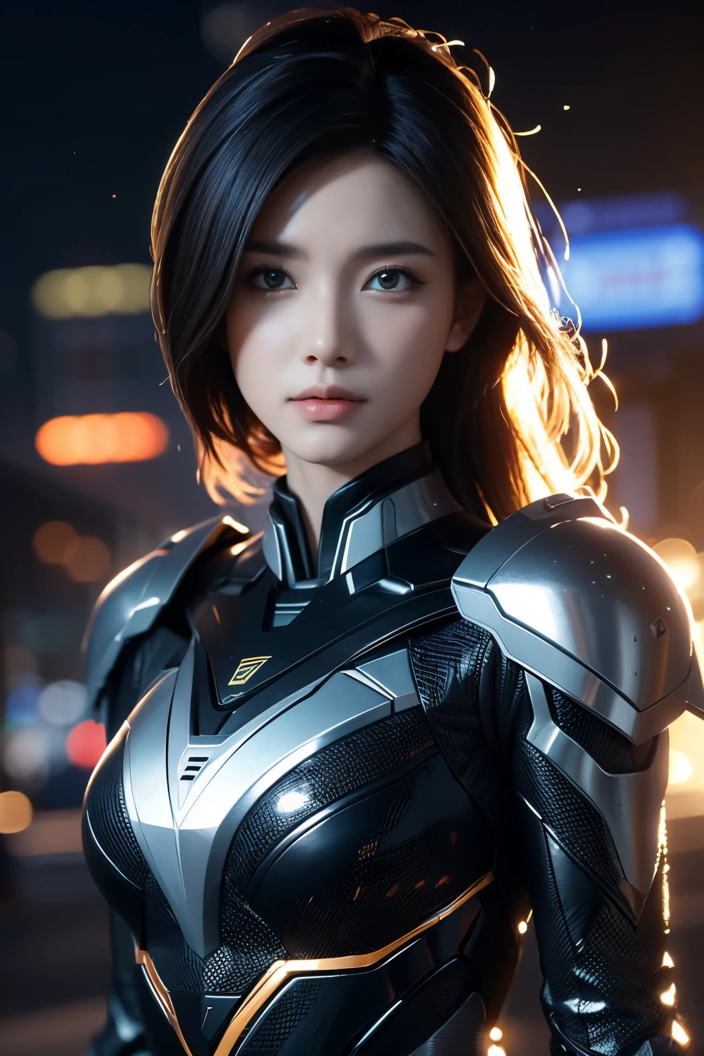 Game art，The best picture quality，Highest resolution，8K，((A bust photograph))，((Portrait))，(Rule of thirds)，Unreal Engine 5 rendering works， (The Girl of the Future)，(Female Warrior)， 22岁少女，(Female hackers)，(White short hair，Long hair casual)，(A beautiful eye full of detail)，(Big breasts)，(Eye shadow)，优雅迷人，冷漠，((惊讶))，(Battle wear full of futuristic tech，Clothing combines futuristic power armor and police uniforms，The garments are adorned with glittering patterns and badges)，赛博朋克人物，未来风格， 拍照姿势，城市背景，Movie lights，Ray tracing，Game CG，((3D Unreal Engine))，oc渲染反射纹