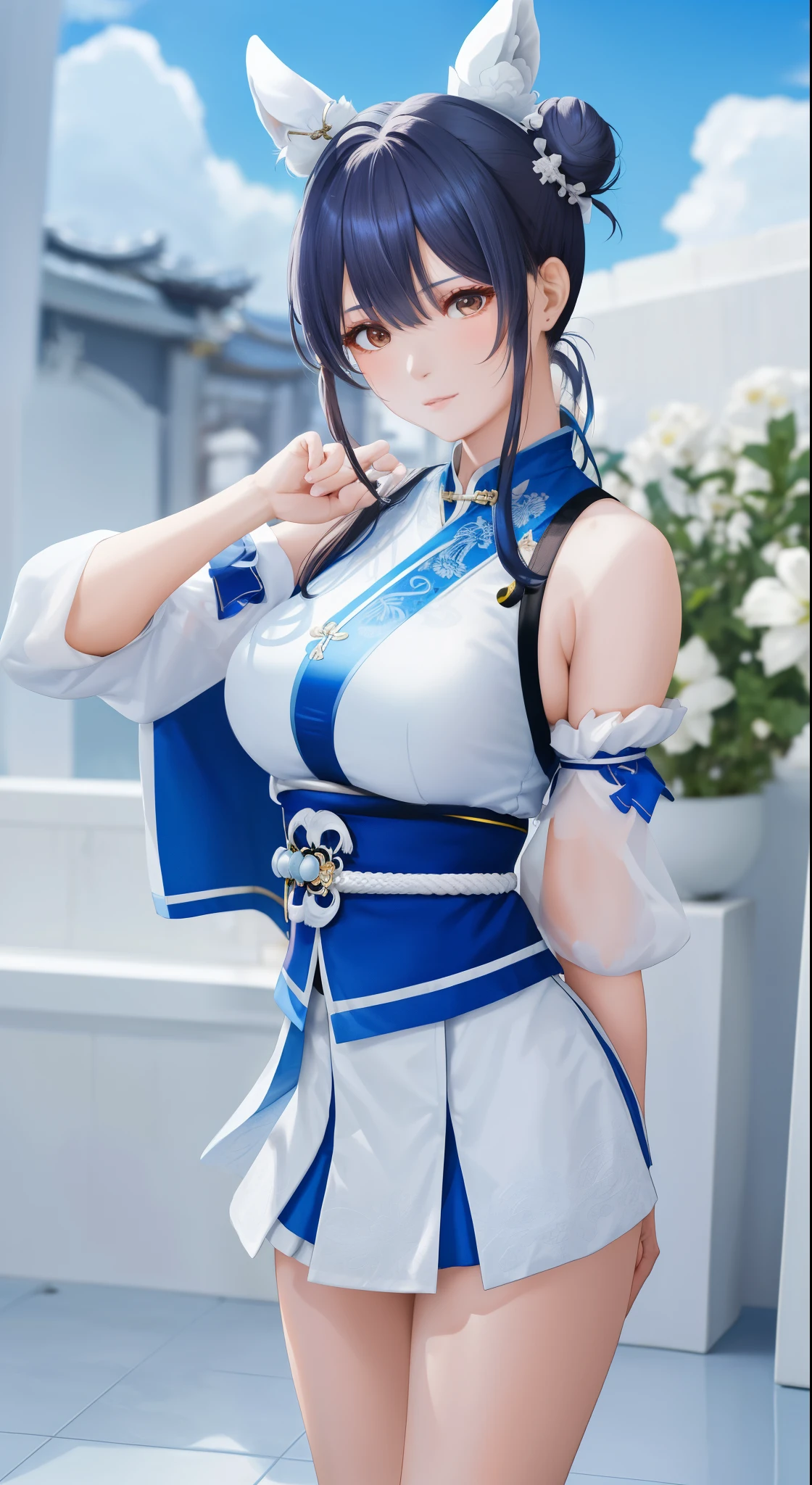 Paichang, Blue ribbon ponytail, brown eyes, double bun,bright hair,Kungfu pose standing, alone , ,  combat readiness, 
Paiati,White Mini Cheongsam, band, mini skirt、white panties、, sleeve less,
marble floor, blue sky, cloudy, evening,
(Extremely detailed, beautiful detailed face, masterpiece, highest quality)    