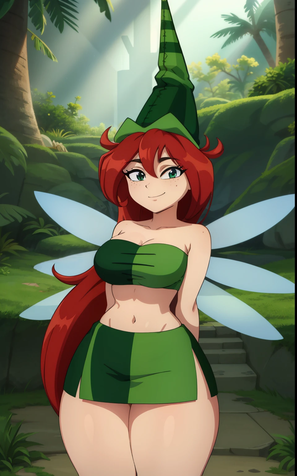  upper body,  looking at viewer, (insanely detailed, beautiful detailed face,beautiful detailed eyes, masterpiece, best quality), freckles, betilla,shortstackbt, fairy, long hair, short female,green tube top, curvy,green miniskirt,smile, midriff, green hat, wings, anime screencap, 2000s_\(style\)
