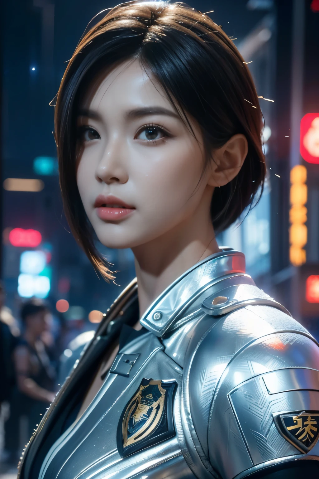 Game art，The best picture quality，Highest resolution，8K，((A bust photograph))，((Portrait))，(Rule of thirds)，Unreal Engine 5 rendering works， (The Girl of the Future)，(Female Warrior)， 22-year-old girl，(Female hackers)，(White short hair，Long hair casual)，(A beautiful eye full of detail)，(Big breasts)，(Eye shadow)，Elegant and charming，indifferent，((surprise))，(Battle wear full of futuristic tech，Clothing combines futuristic power armor and police uniforms，The garments are adorned with glittering patterns and badges)，Cyberpunk Characters，Future Style， Photo poses，City background，Movie lights，Ray tracing，Game CG，((3D Unreal Engine))，oc rendering reflection pattern