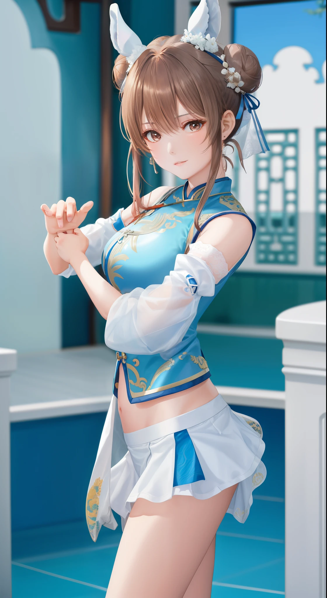 Paichang, Blue ribbon ponytail, brown eyes, double bun,bright hair,Kungfu pose standing, alone , ,  combat readiness, 
Paiati,White Mini Cheongsam, band, mini skirt、white panties、, sleeve less,
marble floor, blue sky, cloudy, evening,
(Extremely detailed, beautiful detailed face, masterpiece, highest quality)    