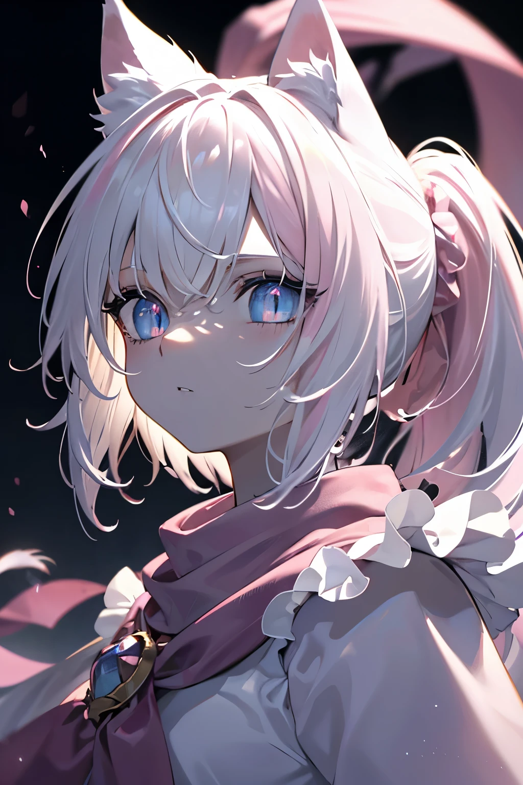 master masterpiece, 4k, highly detailed, anime style, HDR, subsurface scattering, cinematic light, (beautiful detailed eyes:1.6), extremely detailed face, little girl, slender body, muscular, short height, teen, white hair, pink tips, ((white and pink theme)), short ponytail hair, pink eyes, bright neon pink eyes, scarf, cat ears, dark robe, Clear focus，hard lighting，vivd colour.