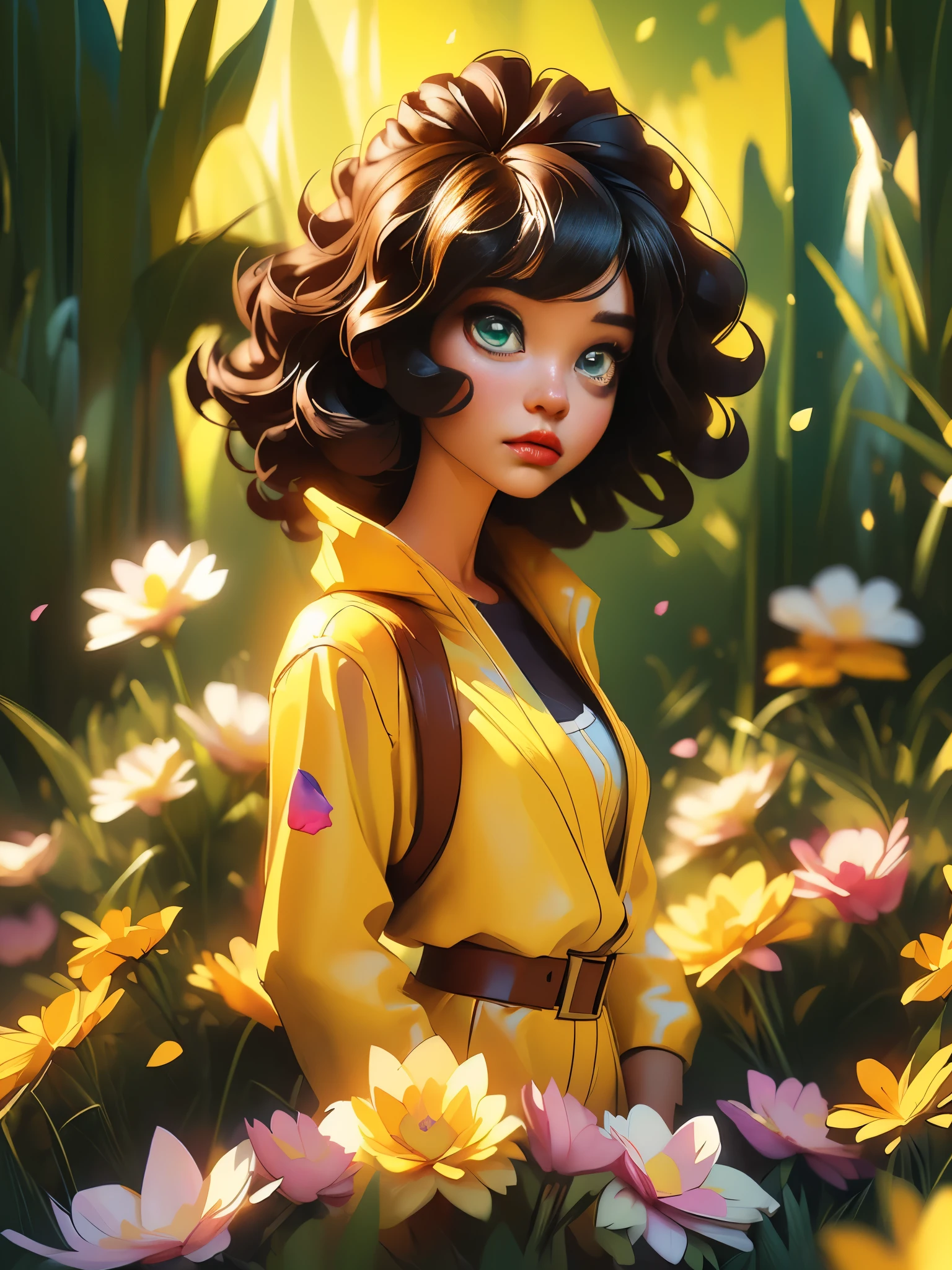 full body photo, digital illustration, comic style, perfect anatomy, centered, approaching perfection, dynamic, highly detailed, watercolor painting, artstation, concept art, smooth, sharp focus, illustration, alone anime girl with a medium length pose, Bruce Lee yellow jumpsuit with black stripes, short pastel hair with hime cut and bangs, perfect anatomy, centered, smeglejonesjj, approaching perfection, dynamic, highly detailed, lightningwave, trending on artstation, 8k, masterpiece, graffiti paint, fine detail, full of color, intricate detail, golden ratio illustration, monochromatic green background, masterpiece, high resolution fix, bright amazing lighting, ((solo)), ( detailed eyes and detailed face:1.3), (beautiful and clear background:1.2), (extremely detailed, ultra-detailed, best shadow:1.1), flowers and petals, (extremely fine and beautiful girl:1.1), (perfect details:1.1) fantastic paintings graffiti style,  black with straight hair and flowers, black relief around the design, fine detail, expressive, dark contrast, --ar 16:9 --q 2 --s 500 --v 5.1 --style raw --c 100