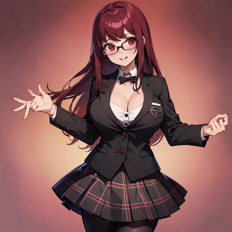 masterpiece, best quality, absurdres, perfect anatomy, 1girl, solo, Yoshizawa Sumire, long hair, glasses, black jacket, plaid sk...