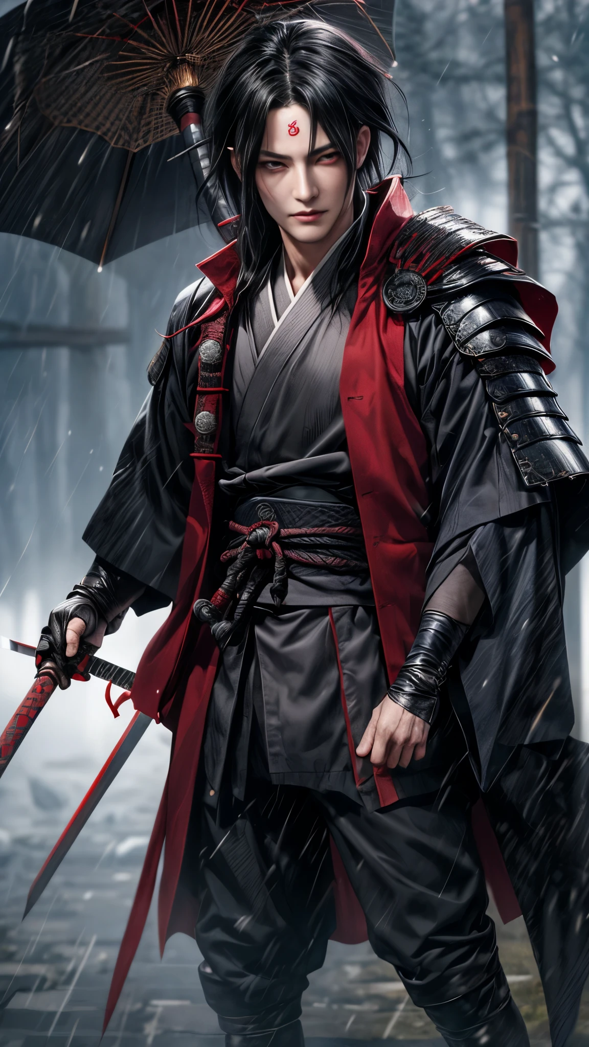 Uchiha Madara red eyes with red zirah armor and samurai sword in hand standing in the rain, inspired by Kanō Sanraku, inspired by Kanō Hōgai, samurai man vagabond, itachi uchiha, itatchi uchiha, inspired by Tōshūsai Sharaku, akatsuki akira, urban samurai, from kenshin, madara uchiha extreme realistic 