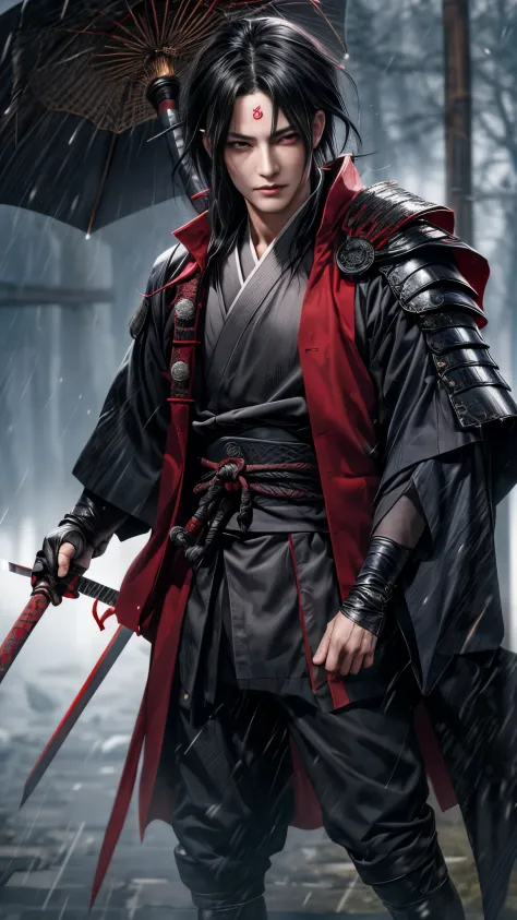 Uchiha Madara red eyes with red zirah armor and samurai sword in hand standing in the rain, inspired by Kanō Sanraku, inspired b...