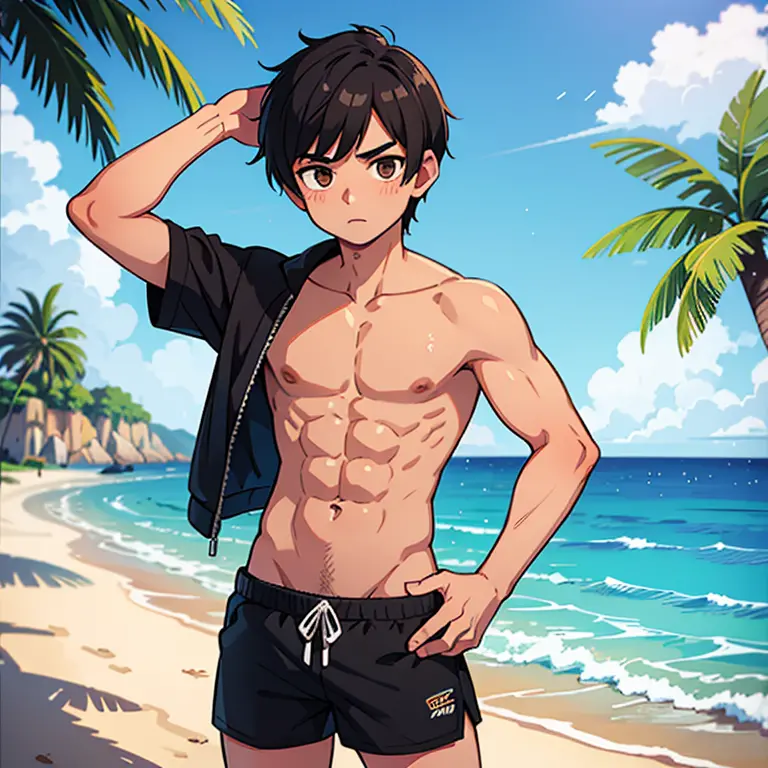 18 year old man with black hair and brown eyes, swim shorts, very detailed, beach, only shorts, abs