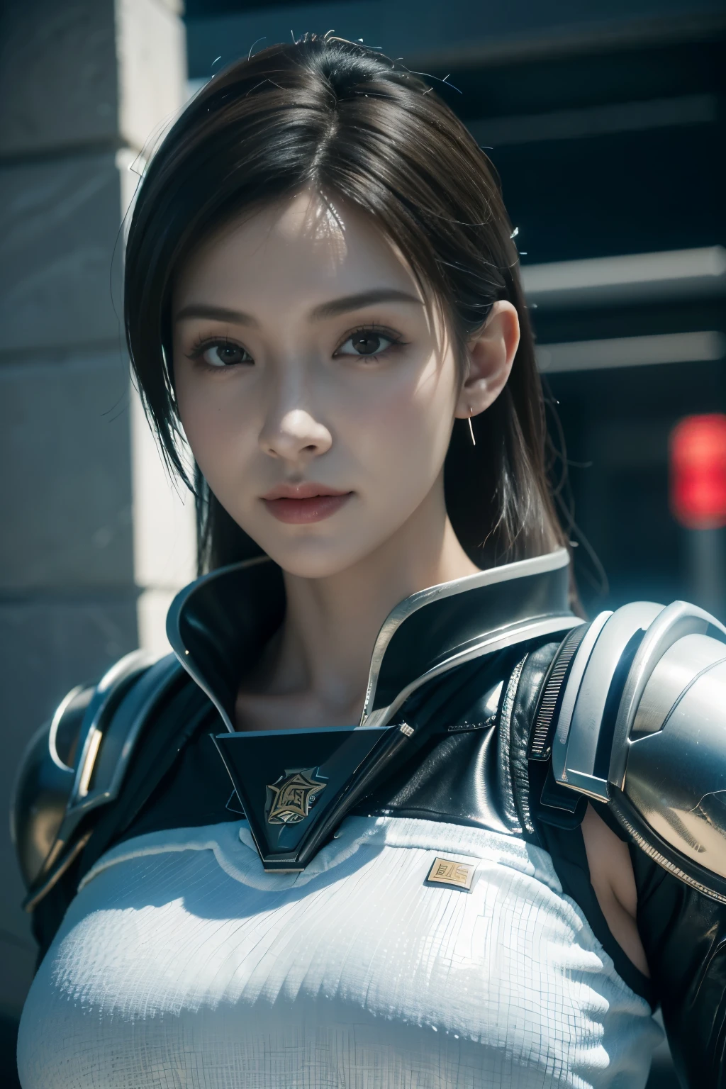 Game art，The best picture quality，Highest resolution，8K，((A bust photograph))，((Portrait))，(Rule of thirds)，Unreal Engine 5 rendering works， (The Girl of the Future)，(Female Warrior)， 22岁少女，(Female hackers)，(White short hair，Long hair casual)，(A beautiful eye full of detail)，(Big breasts)，(Eye shadow)，优雅迷人，冷漠，((惊讶))，(Battle wear full of futuristic tech，Clothing combines futuristic power armor and police uniforms，The garments are adorned with glittering patterns and badges)，赛博朋克人物，未来风格， 拍照姿势，城市背景，Movie lights，Ray tracing，Game CG，((3D Unreal Engine))，oc渲染反射纹