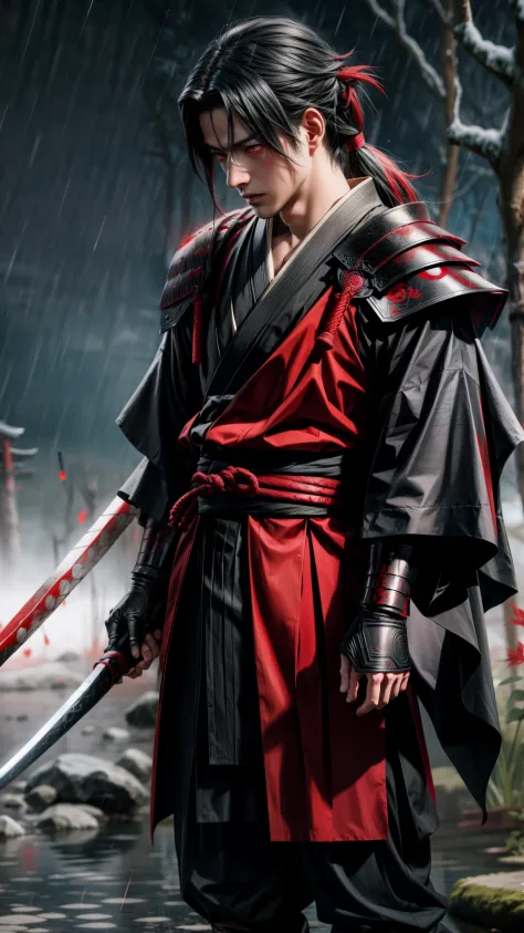Uchiha Madara red eyes with full set zirah armor and samurai in hand standing in the rain, inspired by Kanō Sanraku, inspired by...