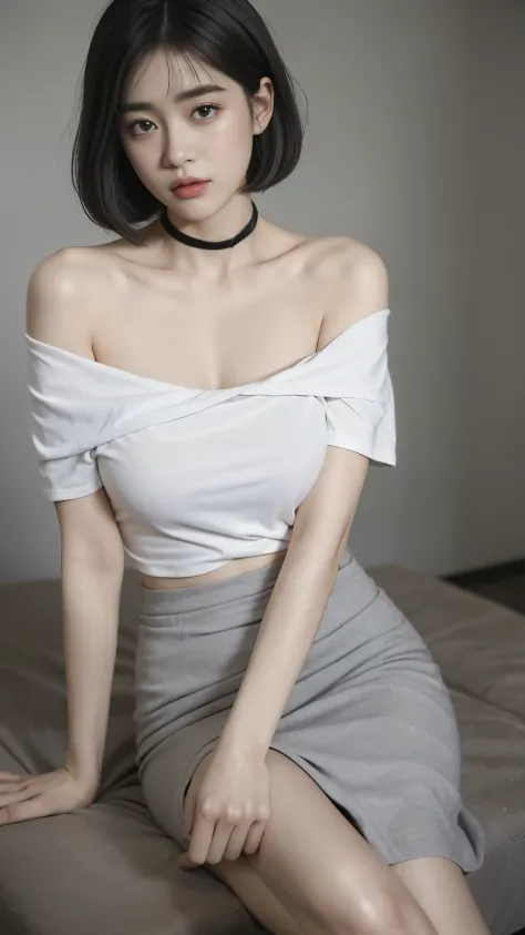 top-quality、超A high resolution、(Photorealsitic:1.4)、女の子1人、Off-shoulder white shirt、Black tight skirt、Black choker、(faded ash gray hair:1)、bob cuts、Slouched、(huge-breasted:1.2)、looking at viewert、a closeup、