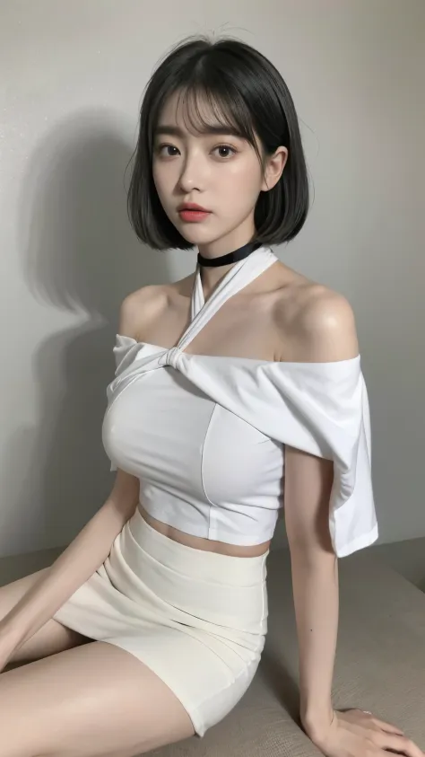 top-quality、超A high resolution、(Photorealsitic:1.4)、女の子1人、Off-shoulder white shirt、Black tight skirt、Black choker、(faded ash gray hair:1)、bob cuts、Slouched、(huge-breasted:1.2)、looking at viewert、a closeup、