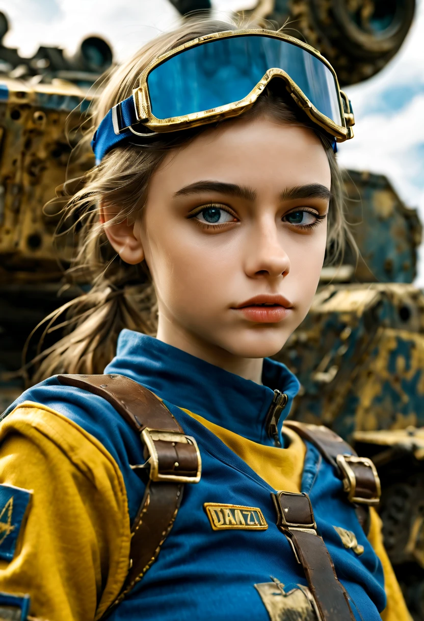 1 girl, 13 year old perfect likeness of Dasha Teran SDXL wearing blue and gold vaultgirl. Goggle, clothing torn, girl clothes and faces are dirty from battle. petite and slim, small girl, short girl, fine detailed eyes, weapons slung over shoulders, leaning against a war vehicle, dented and rusty. , professionally color graded, professional photography, well drawn, masterpiece, hyper realistic, ultra detailed, high quality, best quality, 4k, 8k, hi resolution, very young girl, young face, cute, beautiful, ((NSFW、realistic)), 