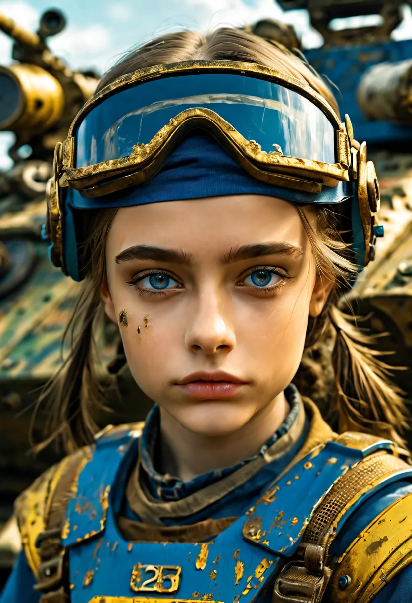 1 girl, 13 year old perfect likeness of dasha teran sdxl wearing blue and gold vaultgirl. goggle, clothing torn, girl clothes an...