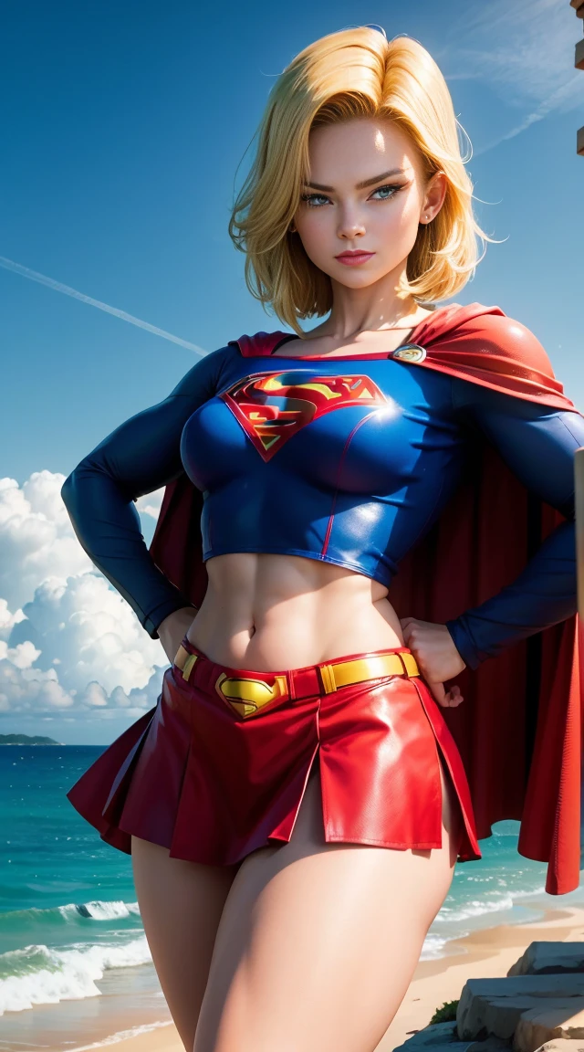 android 18, ( full body photo ), Supergirl Suit, red cape, Superman&#39;s S on the chest, blue swimsuit, Red skirt, red boots, (neckleace), short hair blonde, Breasts huge, Athletic body, big breasts very seductive, seductively pose, smiling, fluffly, muito fluffly, Ultra High Definition, master part, ultra high-quality, ultra detailing, 8K, at beach, pose sexy, extremely high quality, high resolution, 1080P, hard disk, 4K, 8K, 16K, (very detailled), realisitic, 8K, 4d cinema, 极其详细的Artgerm, [ digital art 4k ]!!