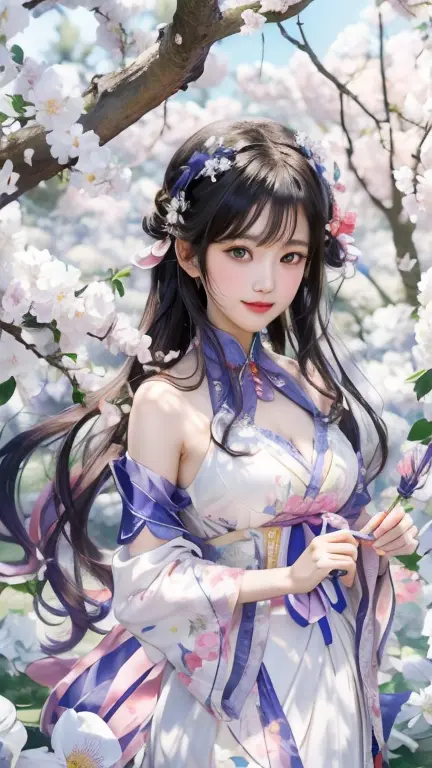 Anime girl in white dress standing in flower field, 绫香Genshin冲击, official artwork, 《Genshin》Keqing in, Beautiful anime portrait,...