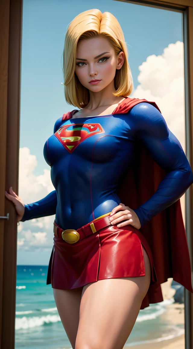 android 18, ( full body photo ), Supergirl Suit, red cape, Superman&#39;s S on the chest, blue swimsuit, Red skirt, red boots, (neckleace), short hair blonde, Breasts huge, Athletic body, big breasts very seductive, seductively pose, smiling, fluffly, muito fluffly, Ultra High Definition, master part, ultra high-quality, ultra detailing, 8K, at beach, pose sexy, extremely high quality, high resolution, 1080P, hard disk, 4K, 8K, 16K, (very detailled), realisitic, 8K, 4d cinema, 极其详细的Artgerm, [ digital art 4k ]!!