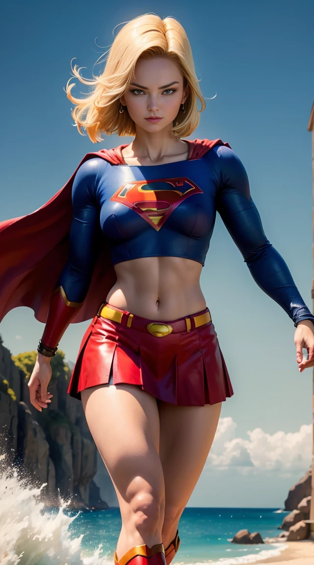 android 18, ( full body photo ), Supergirl Suit, red cape, Superman&#39;s S on the chest, blue swimsuit, Red skirt, red boots, (neckleace), short hair blonde, Breasts huge, Athletic body, big breasts very seductive, seductively pose, smiling, fluffly, muito fluffly, Ultra High Definition, master part, ultra high-quality, ultra detailing, 8K, sultry posing, extremely high quality, high resolution, 1080P, hard disk, 4K, 8K, 16K, (very detailled), realisitic, 8K, 4d cinema, 极其详细的Artgerm, [ digital art 4k ]!!