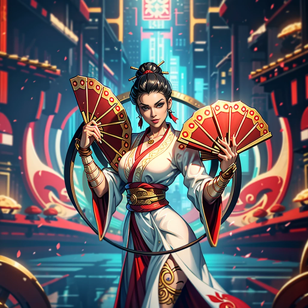 Queen, beautiful, necklace, black hair in 1 top knot,2 hair pins,sexy, design on clothes,milf,design on clothes,milf,form fitting kimono type clothes,plain kimono, red-mehroon fans, gold patterns,high quality,8k, slight smile, villainess , bandaged hands, red kimono:1.4, red black outfit with gold highlights