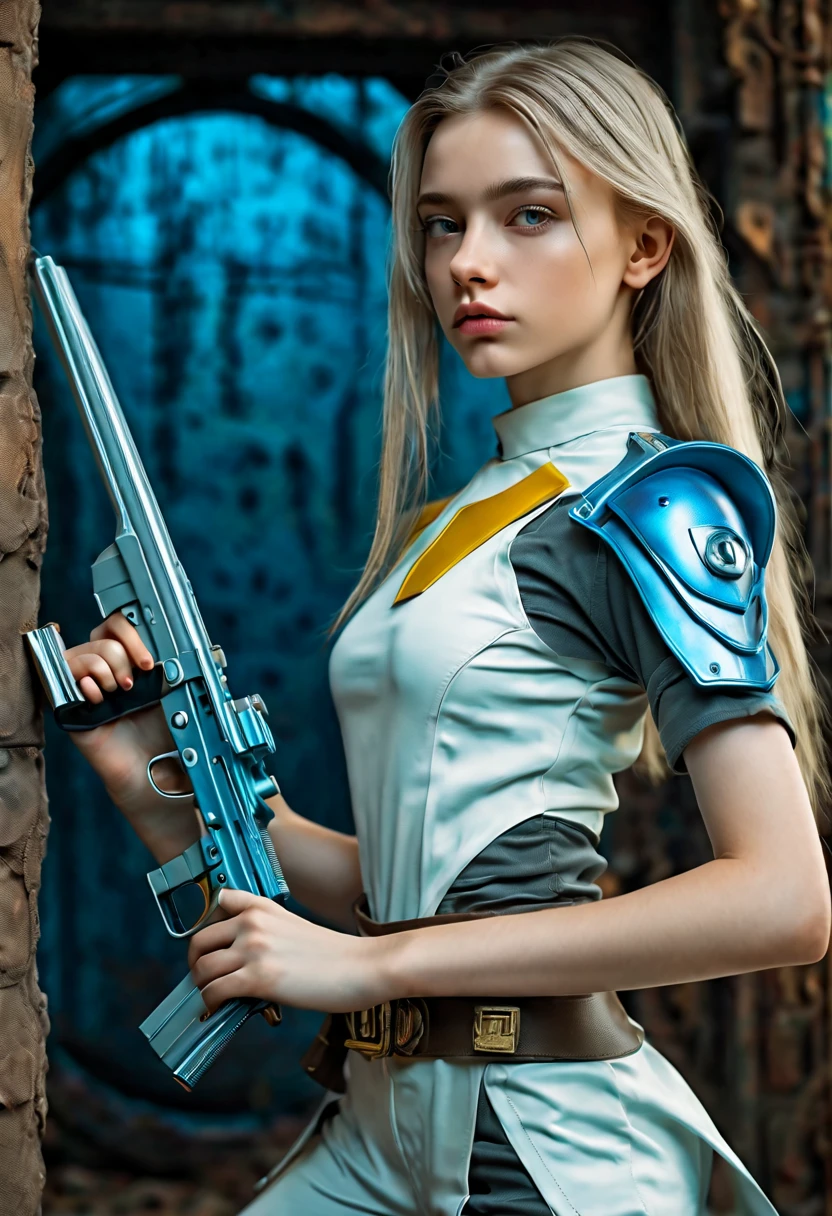 Two 13 year old Female warrior monks, Perfect likeness of Dasha Teran SDXL, Blue and gold short-sleeved shirt match, clothes torn, hand-held large, state-of-the-art sci fi firearm, Stand against a vintage sci-fi background. twins, Blond hair grey-blue eyes, cyberpunk steel armor, they are wearing white cats ears. 13 year old girls, slim petite, small girls, huge breasts, Raw skin is exposed in cleavage, . Masterpiece, 8k, 4k, high resolution, ultra quality, sharp focus, crystal clear, 8K UHD, beautiful eyes, high detailed skin, skin pores, seductive, beautiful long hair, big eyes with large iris, full lips, long legs short torso body type, lovely face wearing torn vaultsuit clothes. , realistic colors, , realistic colors, realistic, photorealistic, NSFW, 