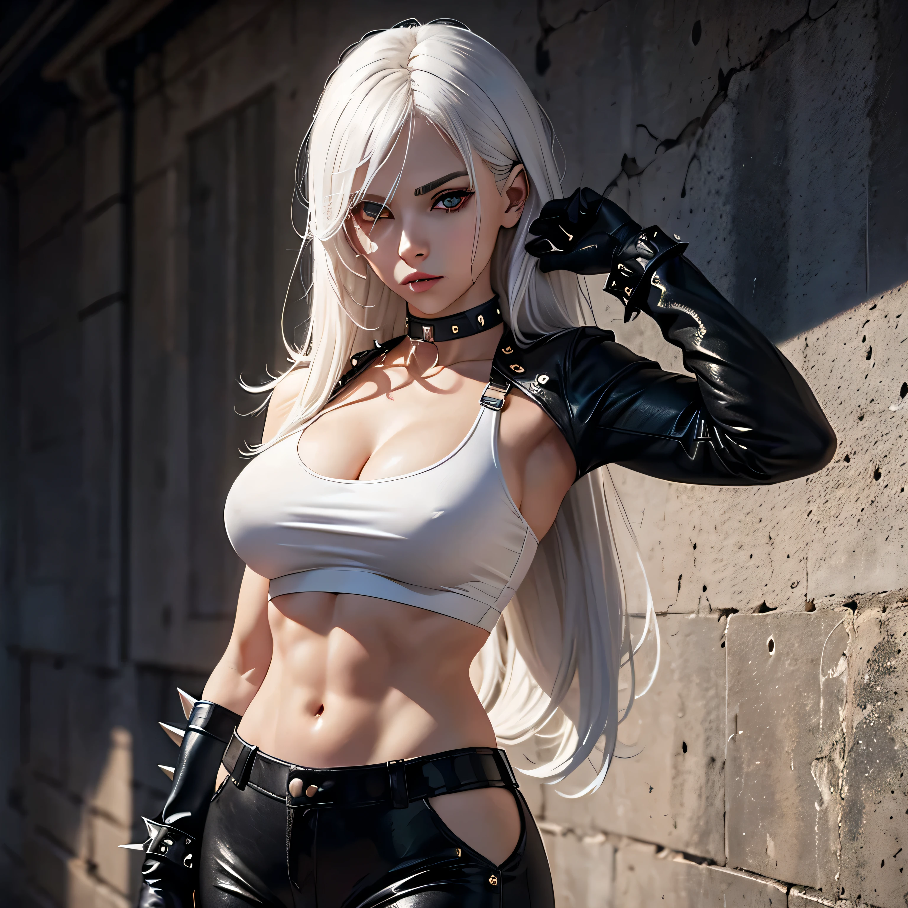 beautiful girl, military, white hair, bloody eyes, choker, cropped top, muscular abdomen, navel, black leather pants, spiked long gloves, wall,