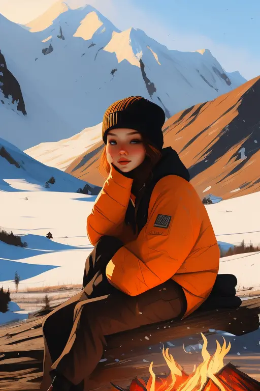 A woman and a man are sitting affectionately on a log next to a fire on a winter night., Guweiz style art work, beautiful digita...