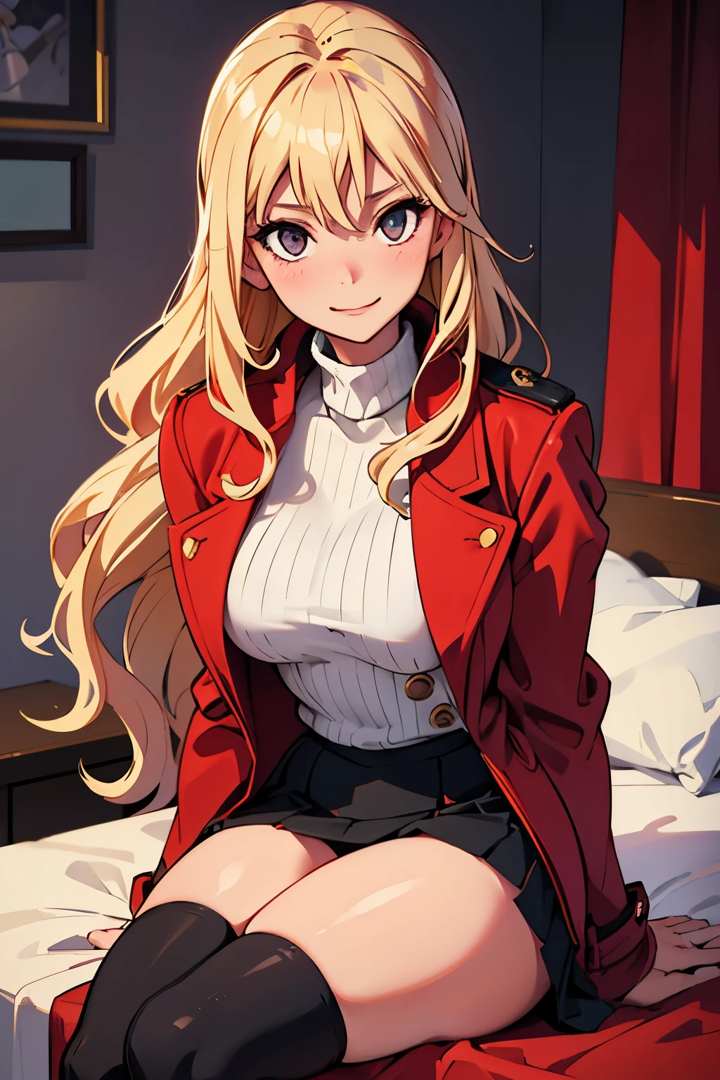 girl, shy smile, long, wavy, blonde hair, a busty chest, wearing a red designer coat, a white turtleneck, and a black skirt with tights. (In a bed)