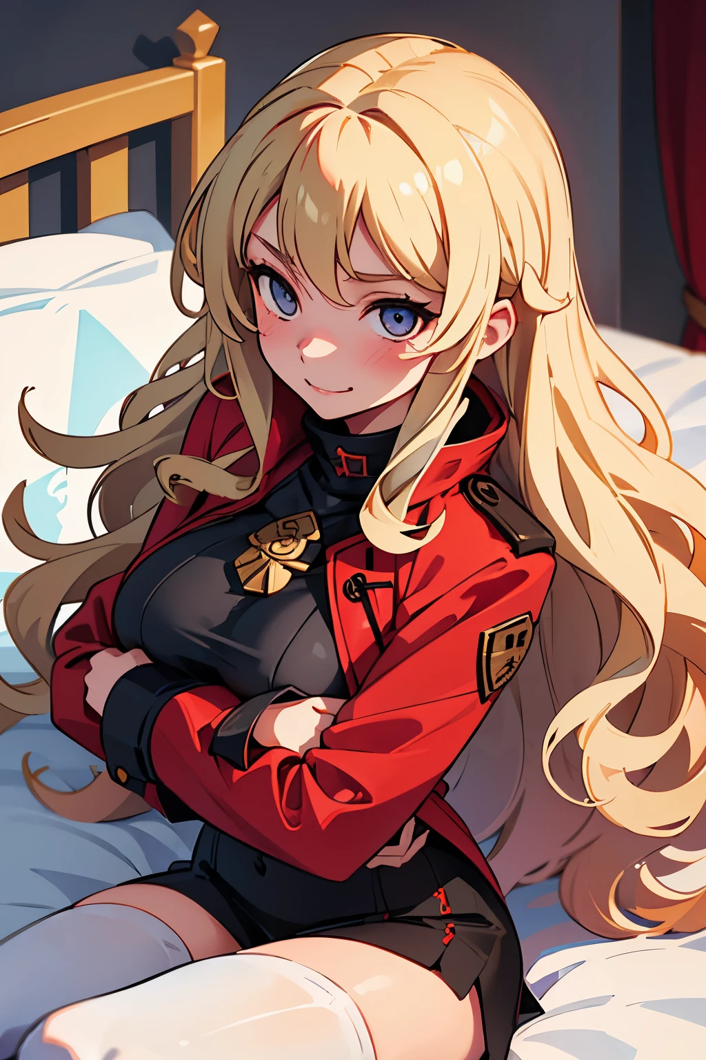 girl, shy smile, long, wavy, blonde hair, a busty chest, wearing a red designer coat, a white turtleneck, and a black skirt with tights. (In a bed)