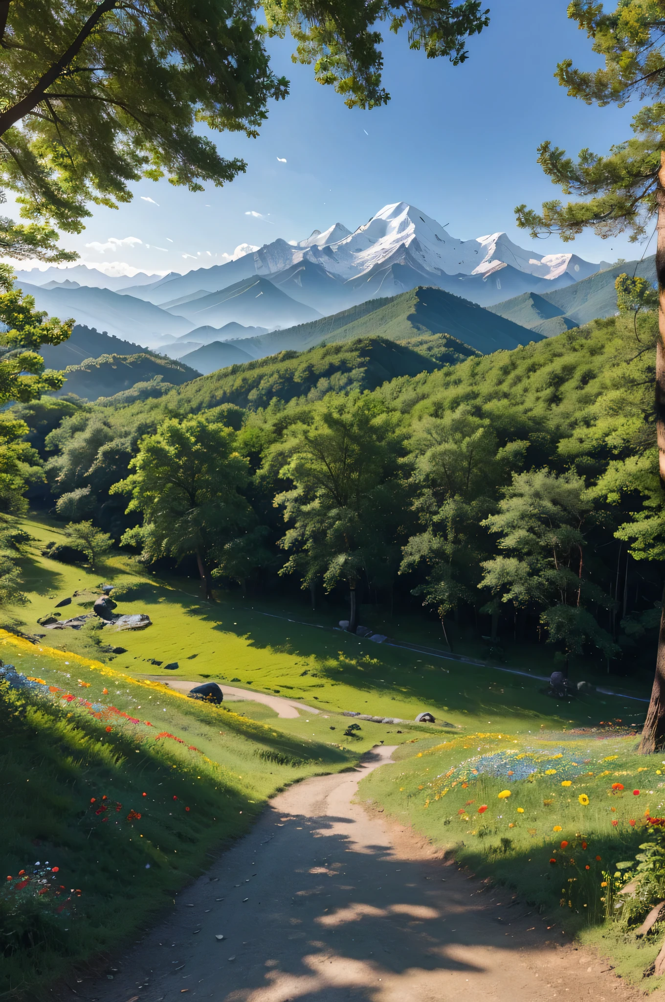 太陽ny，白雲，太陽，野の花がいっぱい，森，雪山，美しい景色，4k