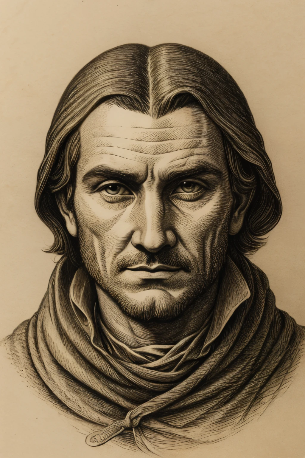 Ilustración del rostro de un hombre en estilo litográfico grabado hueco.