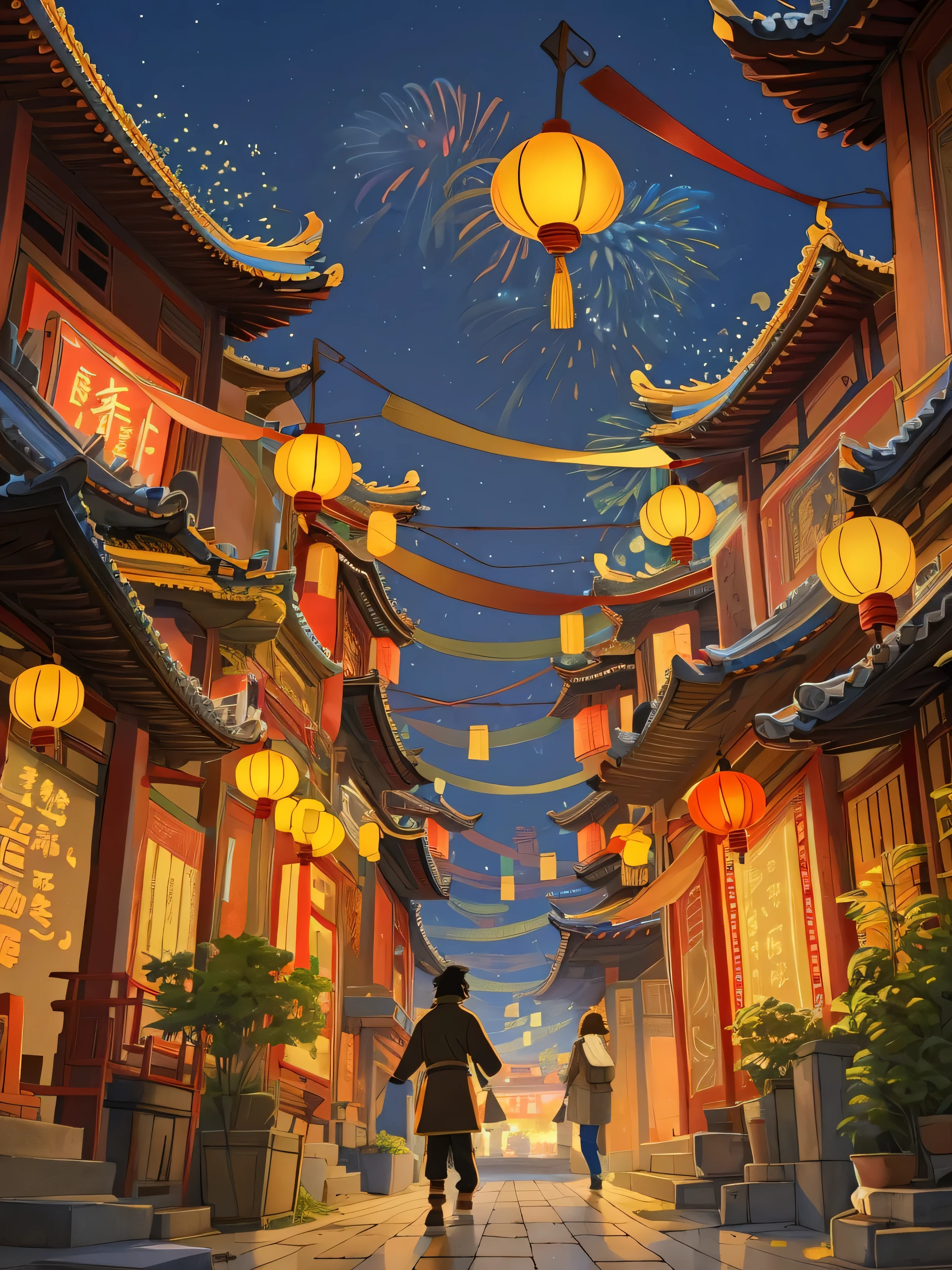 Spring Festival，Yellow-red tones，Kaneko，Red building，Painting of woman walking down the street holding lantern, yellow red sky，fireworks，Dream Chinatown, author：Yang Jie, by Zou Zhe, Lanterns at night, author：Li Song, inspired author：Miranda, by Qu Leilei, author：Miranda, inspired by Fenghua Zhong, by Liang Kai, Chinese new year architecture, Central symmetry, view, illustration style, ancient building, street, festive atmosphere, fireworks, warm color, masterpiece