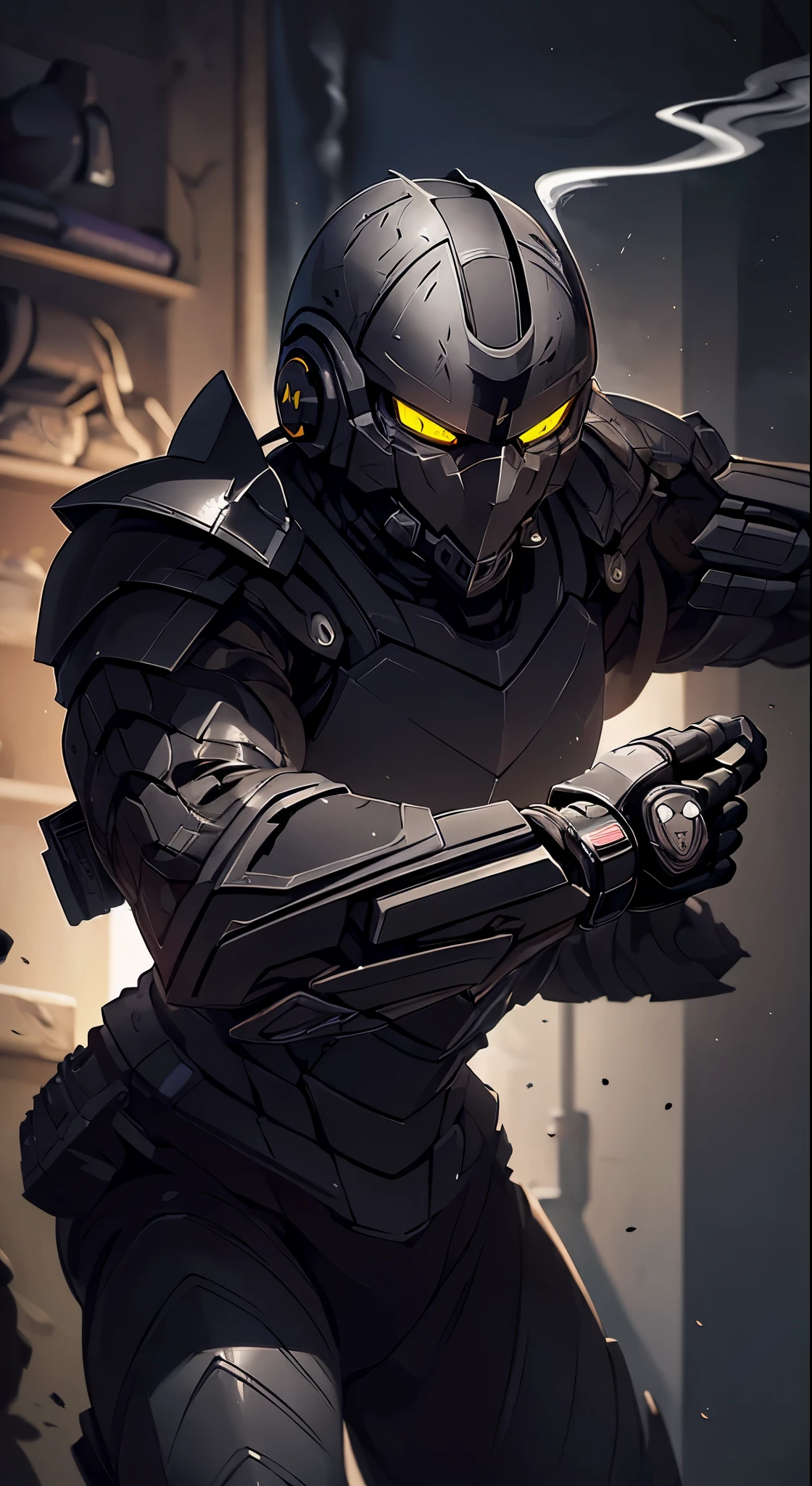 zxcrx, cyborg ninja wearing sleek, (grey and black armour:1.5) that incorporates various mechanical components, his face is covered by a helmet with a (black visor:1.3), arm-mounted blades, energy-based weaponry, ((smoke on background:1.4)), intricate, high detail, sharp focus, dramatic, photorealistic painting art by greg rutkowski