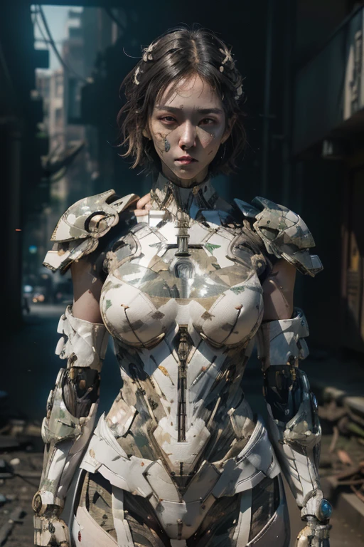 extremely detailed CG unity 32K wallpaper, top quality, masterpiece, raw photo, photorealistic, highest resolution, professional photo, dynamic, cinematic lighting, (cyberpunk:1.4), sharp focus, depth of field, (perfect body, correct anatomy:1.5), intricately detailed face, expressive face, POV, (from front:1.3), 1 girl, Japanese woman, ((female soldier:1.3)), solo, cowboy shot, black hair, short hair, SINGLE hair bun, ultra-realistic skin, detailed skin, tan, (narrow eyes:1.5), highly detailed nose and lips, (round outline of the face:1.3), (innocent face:1.2), ((camouflaged, combat uniform:1.4)), (slender:1.5), (petit:1.4), (beautiful breast:1.3), ((powered suit, body armor:1.5)), perfect body proportion, mechanical body armor, weaponized exoskeleton, holding a blaster rifle, (((1 large beam gun is attached to the girl's right shoulder:1.4))), (((in military operation:1.2))), (((outdoor, vandalized town, ruins, noon:1.3)))