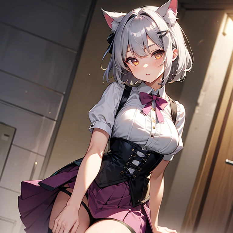 girl, gray hair, short haired, yellow eyes, small breasts, cat hair ornament, side lock, gray hair, shiny hair, uniform, (golden eyes: 1.2), (Two long triangular extensions at skirt, Best corset for the stomach), White buttons on vest corset, (Short sleeve strip shirt under vest corset), (Sleeves end close to the arm), (thick ribbon of black color on the neck,), ( Short Magenta Skirt),