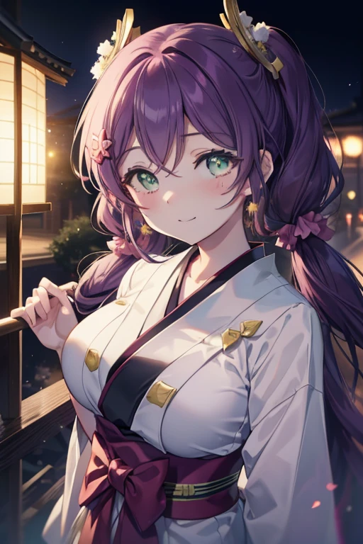 Nozomi Tōjō, Nozomi Tojo, (green eyes:1.5), purple hair, twin tails, low twin tails, Scrunchie, long hair, (big breasts:1.2),hakama breaks your smile, same as skirt, kimono, Miko, Red too, long sleeve,shrine,outdoor,Cleaning with a long broom (masterpiece:1.2), highest quality, High resolution, unity 8k wallpaper, (figure:0.8), (beautiful and fine eyes:1.6), highly detailed face, perfect lighting, Very detailed CG, (perfect hands, perfect anatomy),