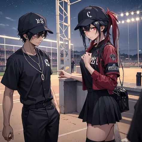 A man in a black baseball outfit together with a woman (eye red) in a baseball outfit on the baseball field at night
