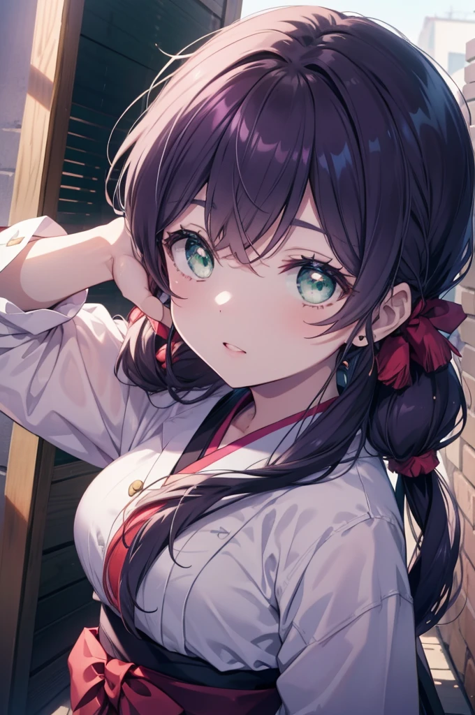 Nozomi Tōjō, Nozomi Tojo, (green eyes:1.5), purple hair, twin tails, low twin tails, Scrunchie, long hair, (big breasts:1.2),笑顔
break hakama, same as skirt, kimono, Miko, Red too, long sleeve,shrine,outdoor,Cleaning with a long broom,noon,bright,
break (masterpiece:1.2), highest quality, High resolution, unity 8k wallpaper, (figure:0.8), (beautiful and fine eyes:1.6), highly detailed face, perfect lighting, Very detailed CG, (perfect hands, perfect anatomy),