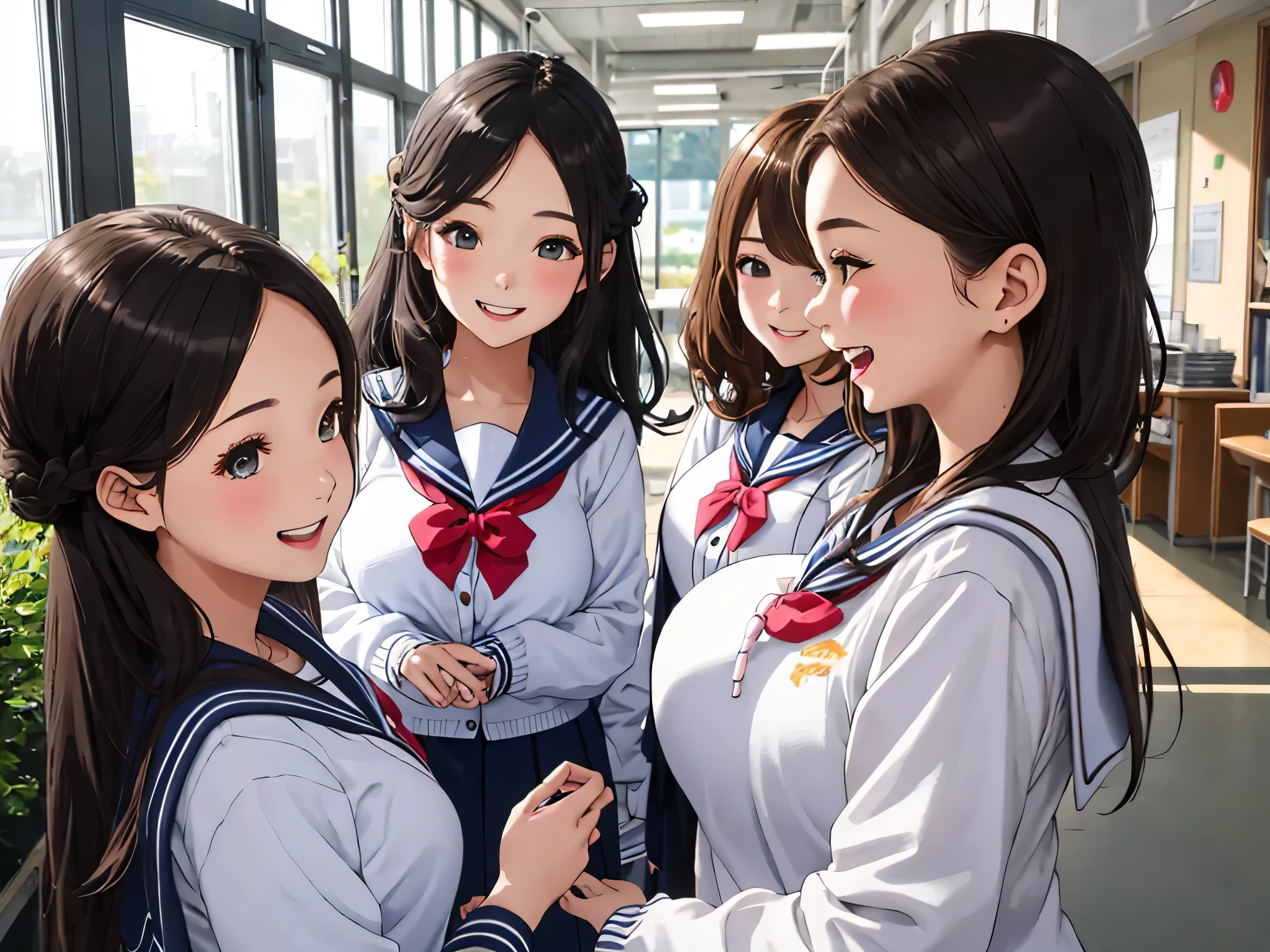 highest quality、High resolution、High resolution、Beautiful teenage girl、Four women,sailor suit,cute hairstyle,perfect skin,huge breasts、Look at me happily、smile、laughter、sexual expression、Upper body、Cute colored school cardigan