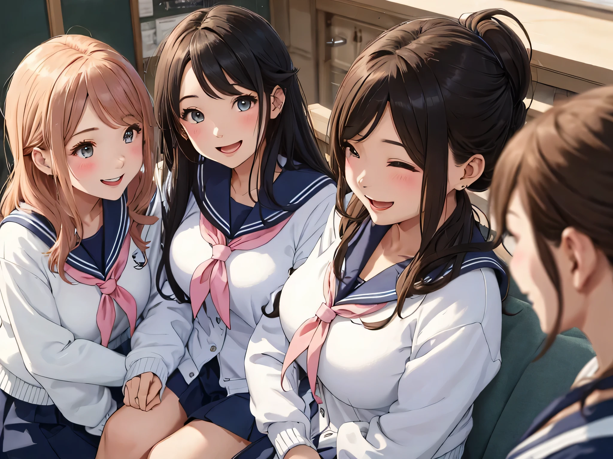 highest quality、High resolution、High resolution、Beautiful teenage girl、Four women,sailor suit,cute hairstyle,perfect skin,huge breasts、Look at me happily、smile、laughter、sexual expression、Upper body、Cute colored school cardigan