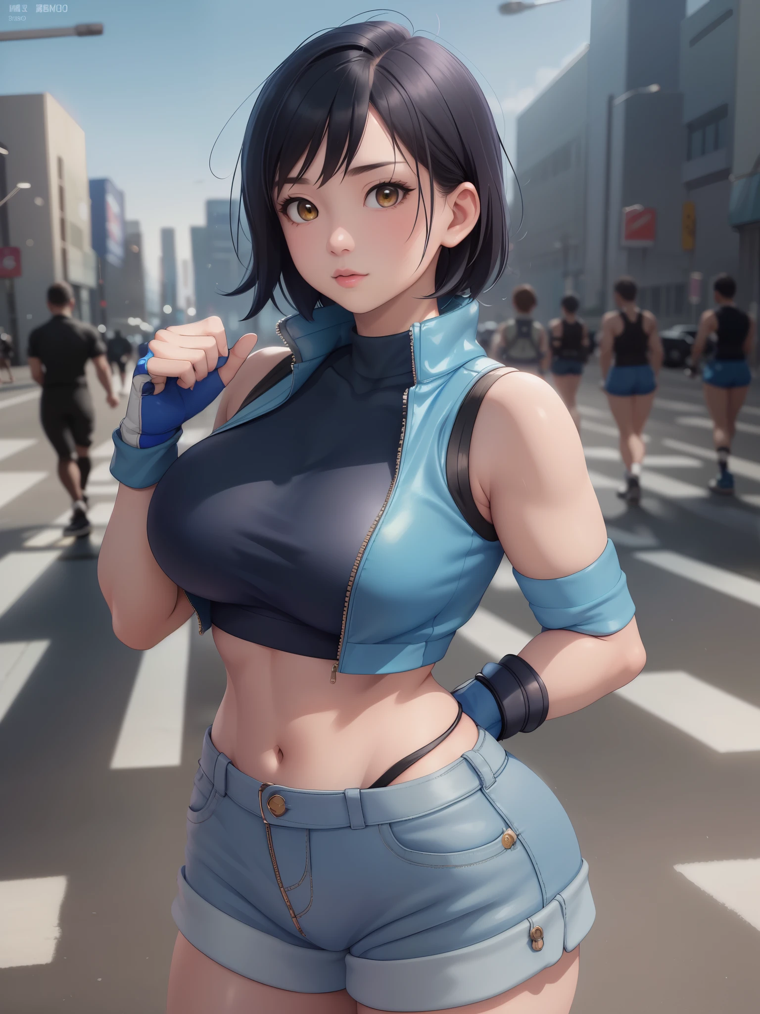 Masterpiece,8k, perfect face highly detailed,HDR, ultra realistic photoshoot, absurdres,award winning photo, extremely detailed, amazing, fine detail, 
KazAsuka, Japanese woman, blue crop top, big breasts, denim jacket and minishorts, short black hair, MMA gloves, posing for a picture, in the streets of Osaka
 