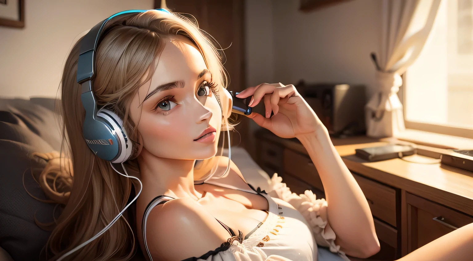 uma linda garota, Listening to music with headphones, vai focar, relaxante, em sua sala de estar.