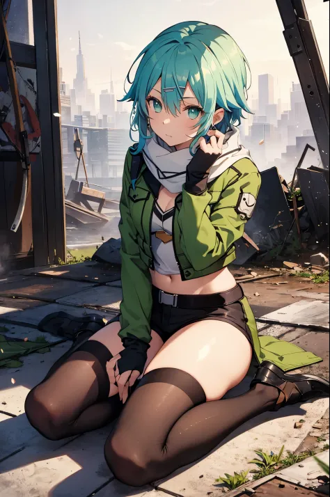 (masterpiece), best quality, expressive eyes, perfect face, highres, sinon1, scarf, fingerless gloves, long sleeves, short short...