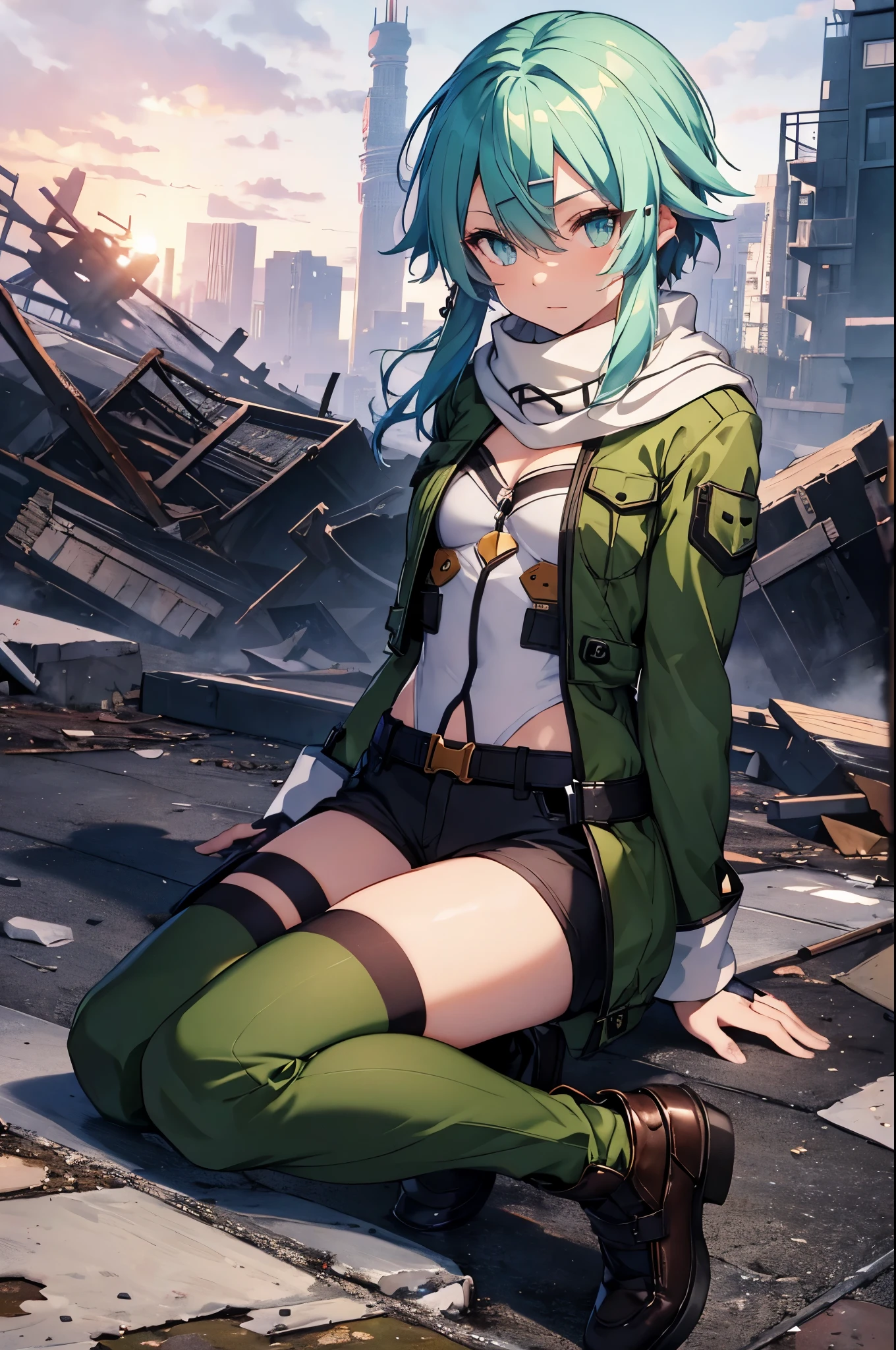 (masterpiece), best quality, expressive eyes, perfect face, highres, sinon1, scarf, fingerless gloves, long sleeves, short shorts, hair ornament, hairclip, green thighhighs, green jacket, thigh strap, field, ruins background, ruined structures, sitting, on floor, knees up, portrait, looking at the viewer,